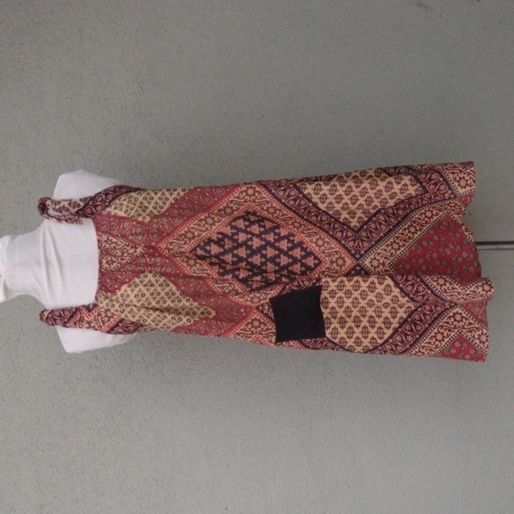 Vintage Indus Red and Beige Boho Floral Midi Dress Small